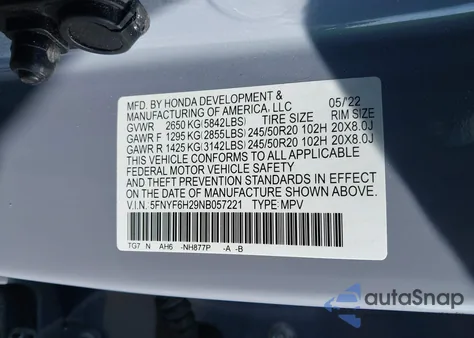 2022 Honda Pilot Awd Special Edition из США, поврежденный, VIN 5FNYF6H29NB057221